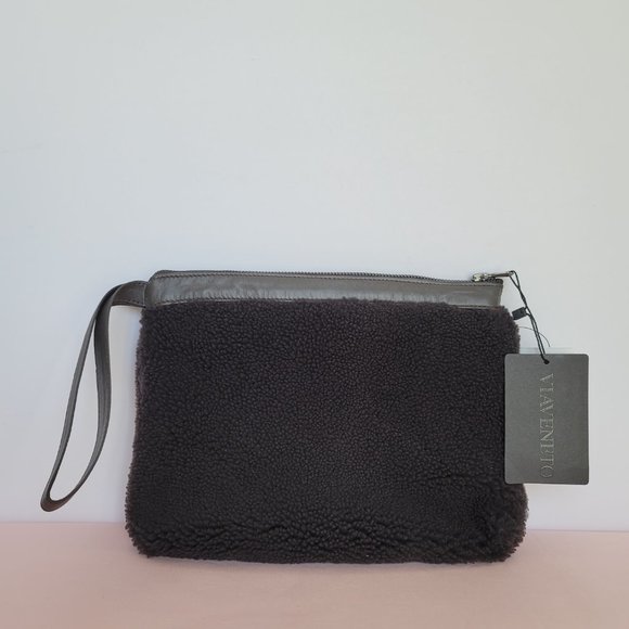 VIAVENETO Delilah Curly Lambskin Shearling Large Pouch/Wristlet- Chocolate Brown - Picture 6 of 16